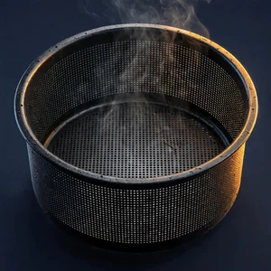 Cesta de air fryer antiaderente com vapor subindo, iluminada em tom dourado sobre fundo escuro