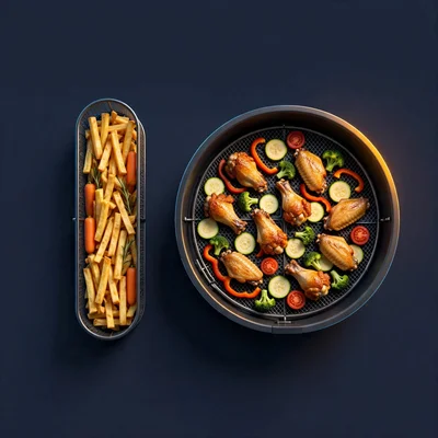 Duas cestas de air fryer vistas de cima lado a lado, uma estreita e funda com batatas fritas, outra larga e rasa com frango e legumes