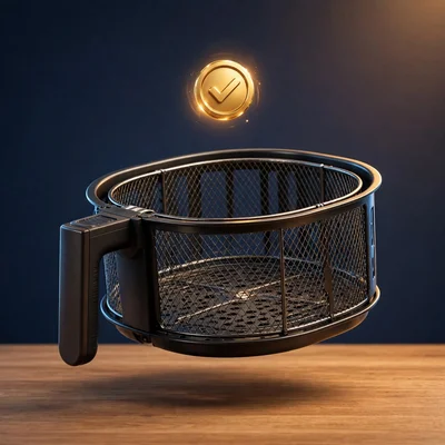 Cesta de air fryer flutuando com um selo dourado de aprovação acima, sobre uma bancada de madeira
