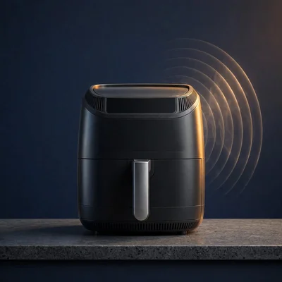 Air fryer preta sobre uma bancada com ondas sonoras visíveis saindo do aparelho