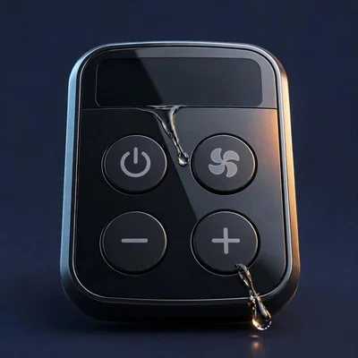 Painel de controle digital liso de uma air fryer com uma gota d'água escorregando pela superfície
