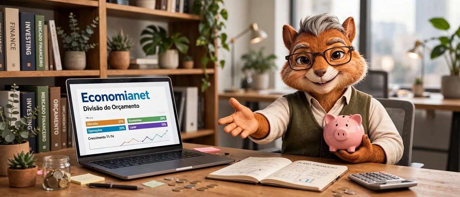Poupa, esquilo mascote de economia do Economianet, de óculos e colete verde, gesticulando ao lado de notebook com gráfico de divisão de orçamento, segurando um cofrinho de porquinho, com caderno de plano financeiro e calculadora na mesa