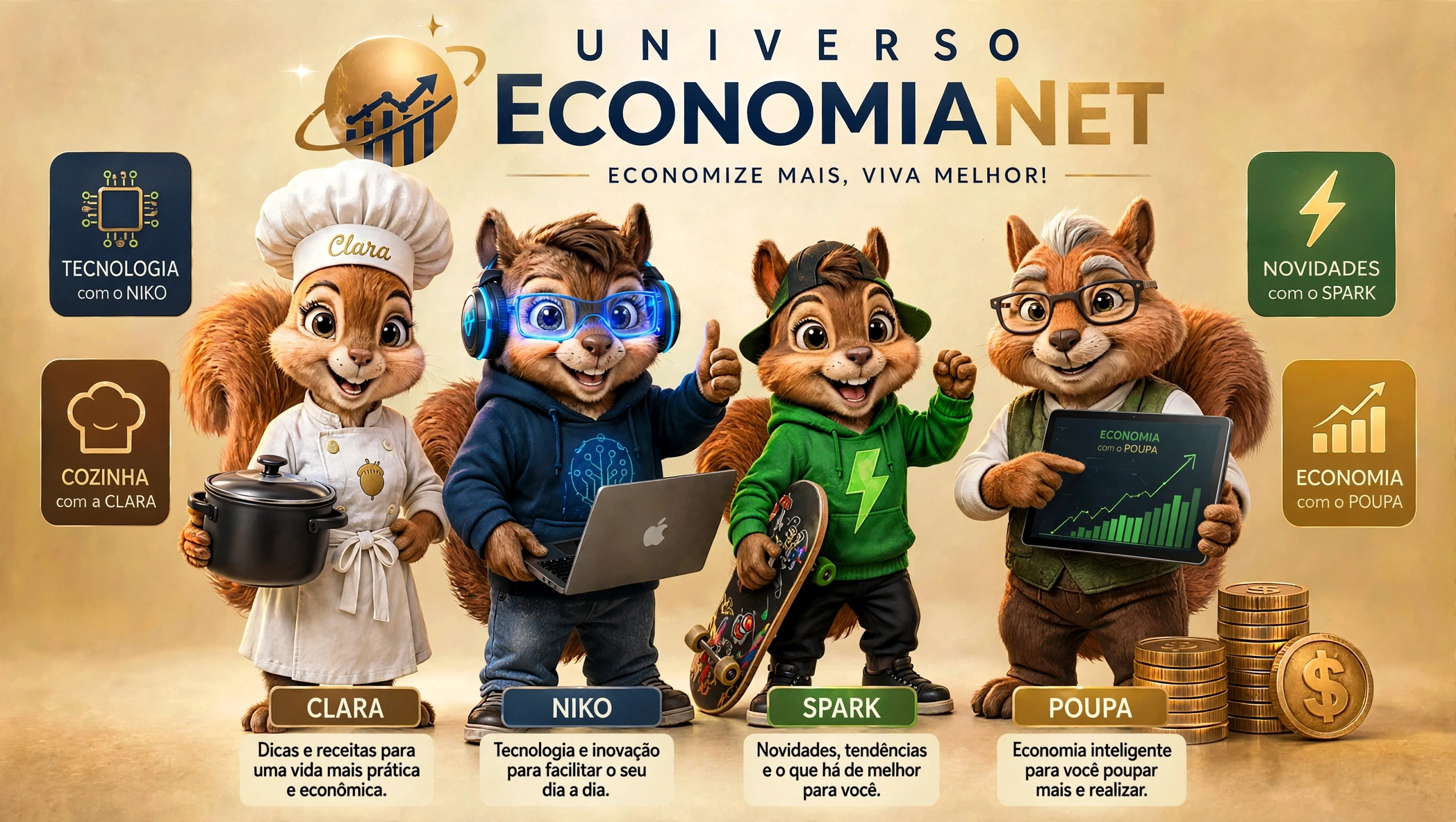 universo economianet personagens clara niko spark poupa economia tecnologia cozinha novidades.