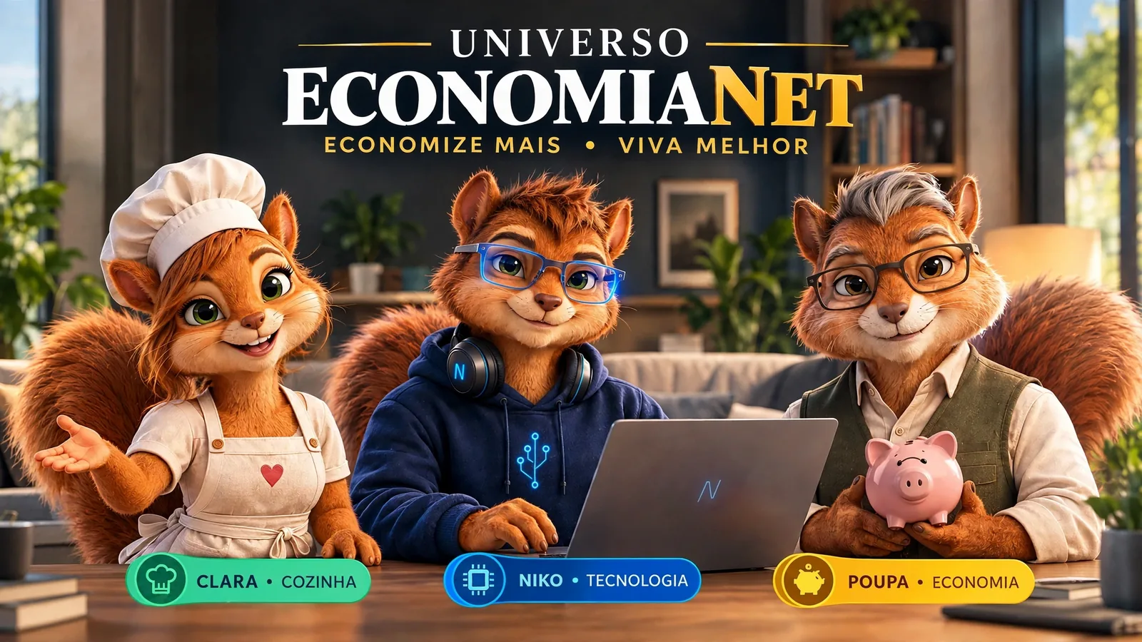 Banner do Universo Economianet: os três mascotes do site sentados à mesa em uma sala de estar aconchegante. À esquerda, Clara, vestida de chef com touca e avental branco, sorri e gesticula de forma acolhedora. No centro, Niko, usando óculos com brilho azul de tecnologia e moletom escuro com desenho de circuito, está com as mãos em um notebook. À direita, Poupa, um esquilo mais velho de cabelo grisalho, colete verde-oliva e óculos, segura um cofrinho rosa em formato de porquinho. Abaixo de cada personagem, uma etiqueta colorida indica sua especialidade: Clara - Cozinha, Niko - Tecnologia, Poupa - Economia.