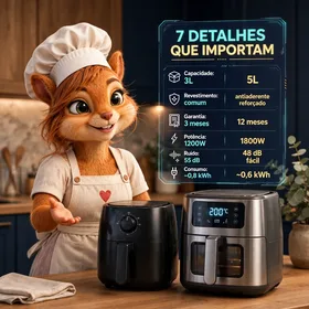Clara, esquilo de touca e avental branco de chef, gesticula de forma acolhedora ao lado de duas air fryers diferentes sobre uma bancada de cozinha. Ao fundo, um painel com o título '7 Detalhes que Importam' compara capacidade (3L contra 5L), revestimento, garantia (3 contra 12 meses), potência, ruído e consumo de energia entre as duas opções.