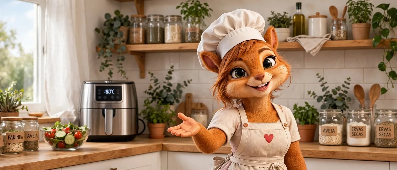 Clara, esquiloa mascote cozinheira do Economianet, sorrindo em cozinha aconchegante com airfryer ligada, potes de temperos, salada fresca e ervas ao fundo