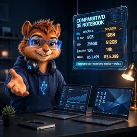 Niko, esquilo com óculos de tecnologia com brilho azul e moletom escuro com desenho de circuito, estende a mão de forma acolhedora. Ao fundo, um painel holográfico compara duas opções de notebook: RAM 8GB contra 16GB, SSD 256GB contra 512GB, bateria de 10h contra 14h, e preço de R$ 3.499 contra R$ 5.299, com a indicação 'Economize R$ 1.800 - Melhor custo-benefício: Opção A'. Na mesa à frente dele, dois notebooks abertos lado a lado.