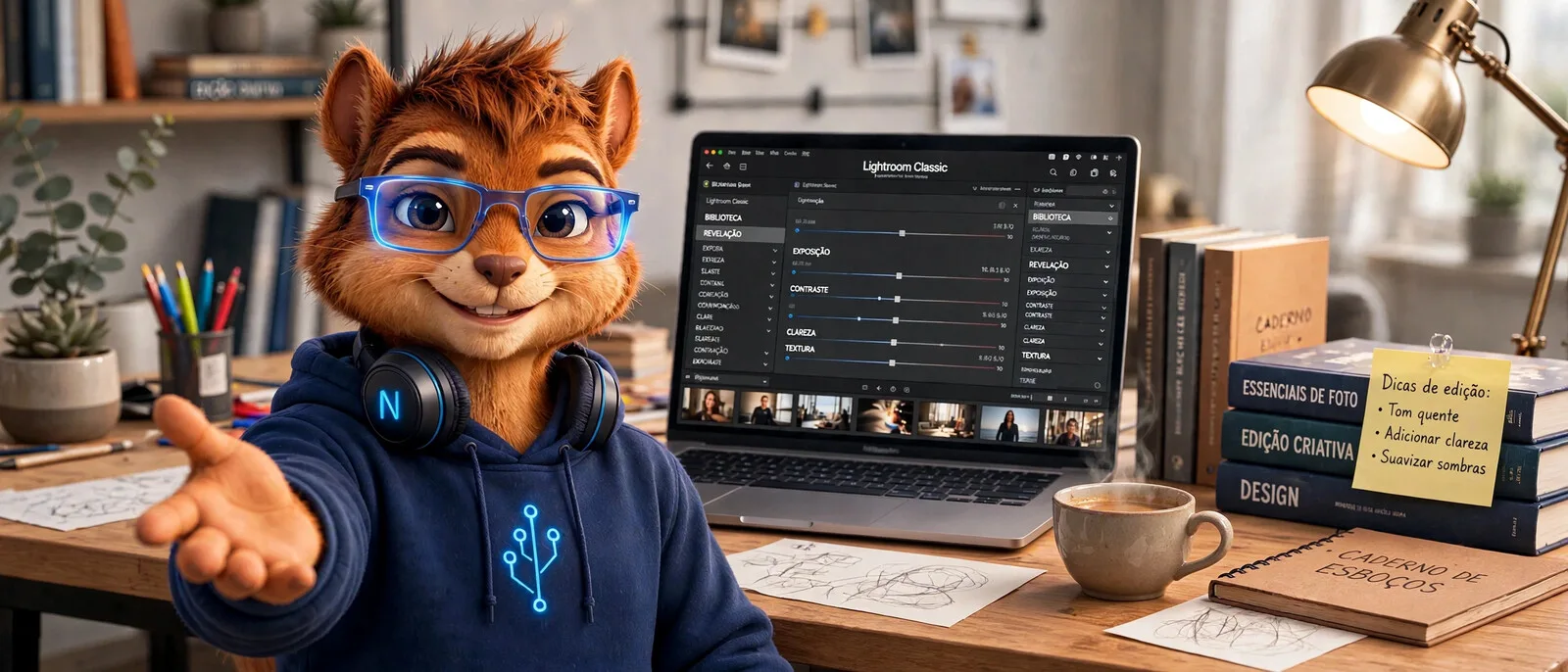 Niko, esquilo mascote de tecnologia do Economianet, com óculos e headphone, gesticulando ao lado de notebook aberto no Lightroom Classic, com xícara de café e caderno de esboços na mesa