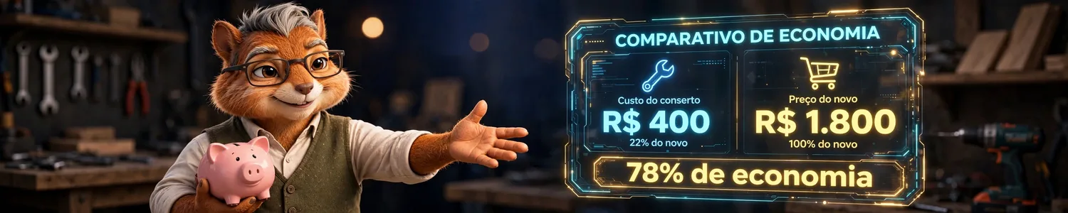 Banner panorâmico com o Poupa, esquilo de óculos e colete verde-oliva, estendendo a mão de forma acolhedora enquanto segura um cofrinho rosa, numa oficina em casa. À direita, um painel holográfico 'Comparativo de Economia' mostra custo do conserto de R$ 400 (22% do novo) contra preço do novo de R$ 1.800 (100%), com o destaque final '78% de economia'.