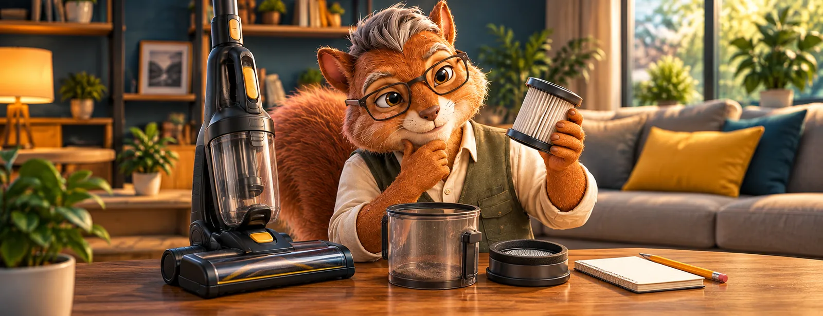 Poupa, o esquilo mascote do Economianet, de óculos e colete, com a mão no queixo, segurando o filtro de um aspirador de pó, diante de um aspirador vertical, do recipiente de pó e de um bloco de notas sobre a mesa da sala.