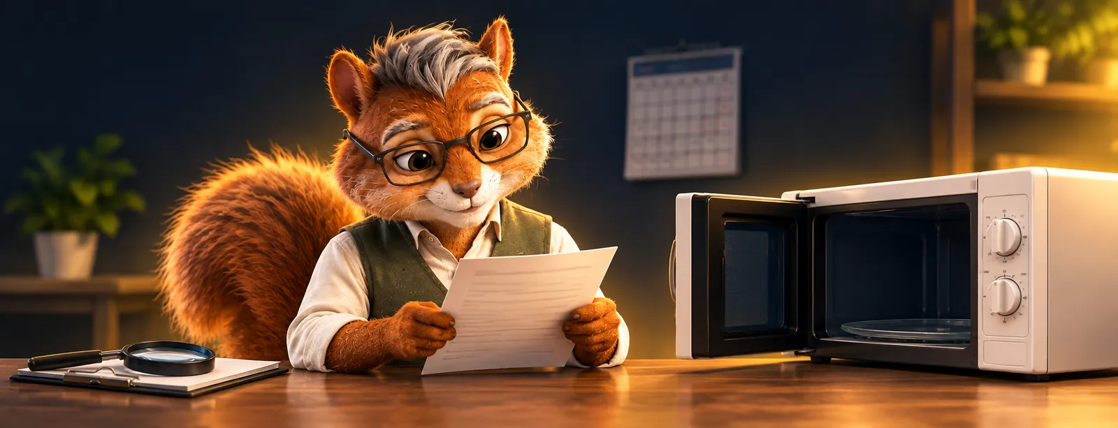 Poupa, o esquilo mascote do Economianet, de óculos e colete, lendo com atenção uma nota de serviço ao lado de um micro-ondas aberto sobre uma bancada.