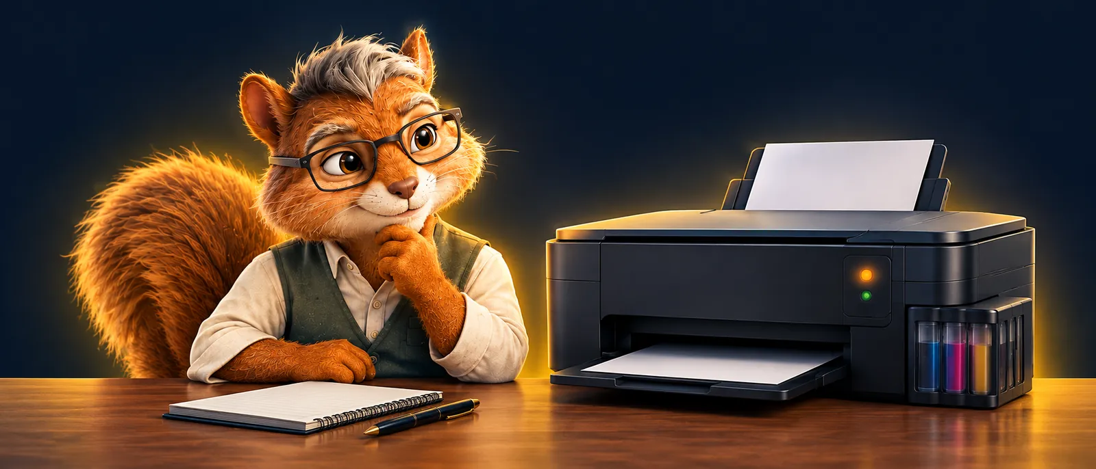 Poupa, o esquilo mascote do Economianet, de óculos e colete, com a mão no queixo, pensando diante de uma impressora de tanque de tinta com duas luzes acesas, ao lado de um bloco de anotações e uma caneta.