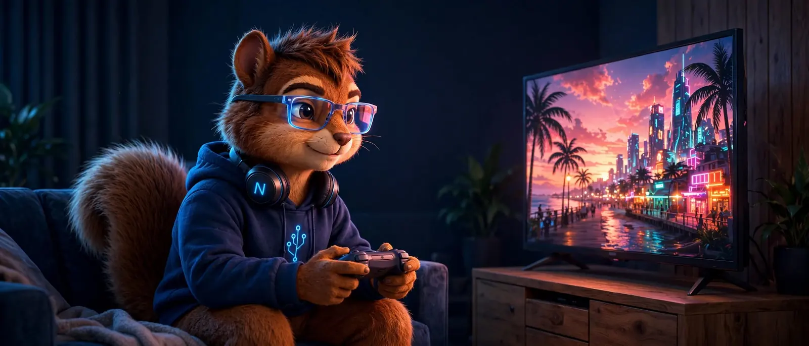 Niko, o mascote de tecnologia do Economianet, sentado no sofá com um controle de videogame na mão, olhando para uma TV que mostra uma cidade litorânea ao pôr do sol.