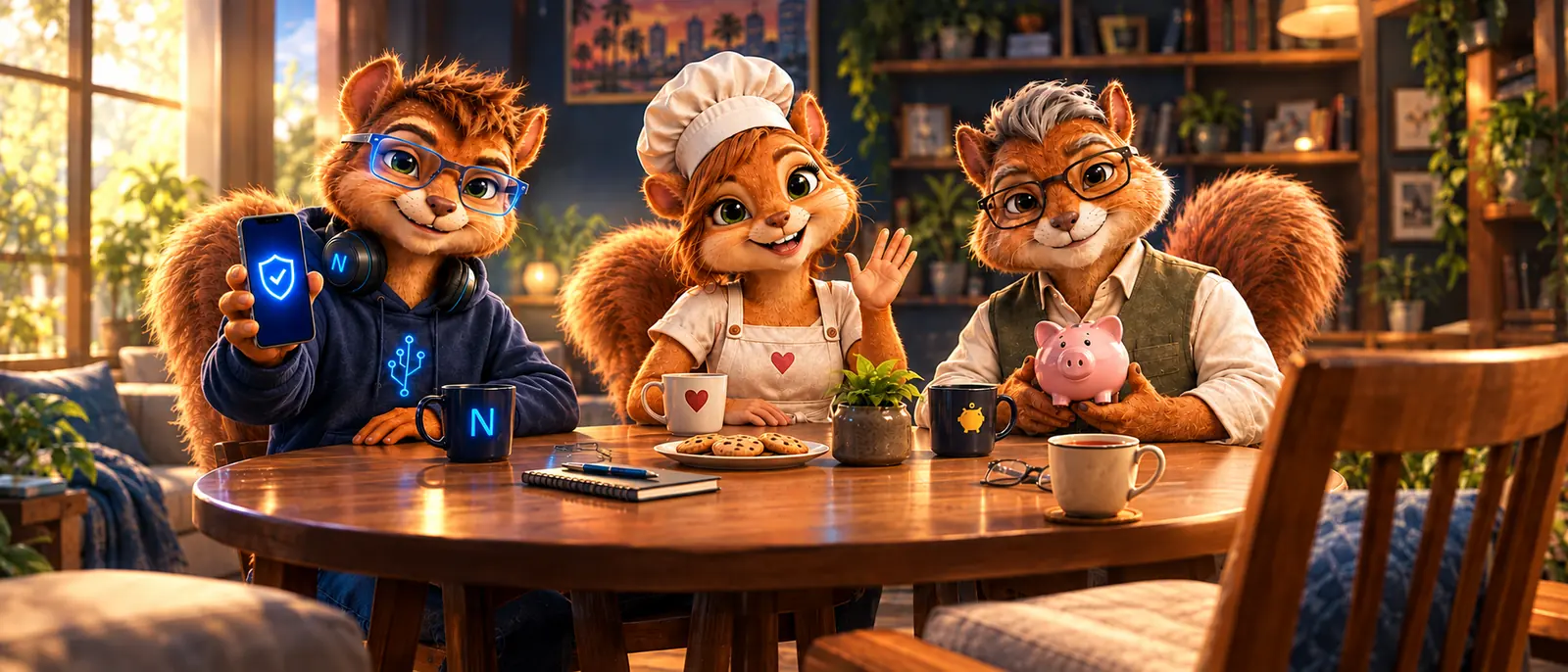 Niko, Clara e Poupa, os mascotes do Economianet, em volta de uma mesa, com uma cadeira vazia voltada para o leitor, uma xícara de chá à espera dele e um celular com um escudo de proteção na tela.