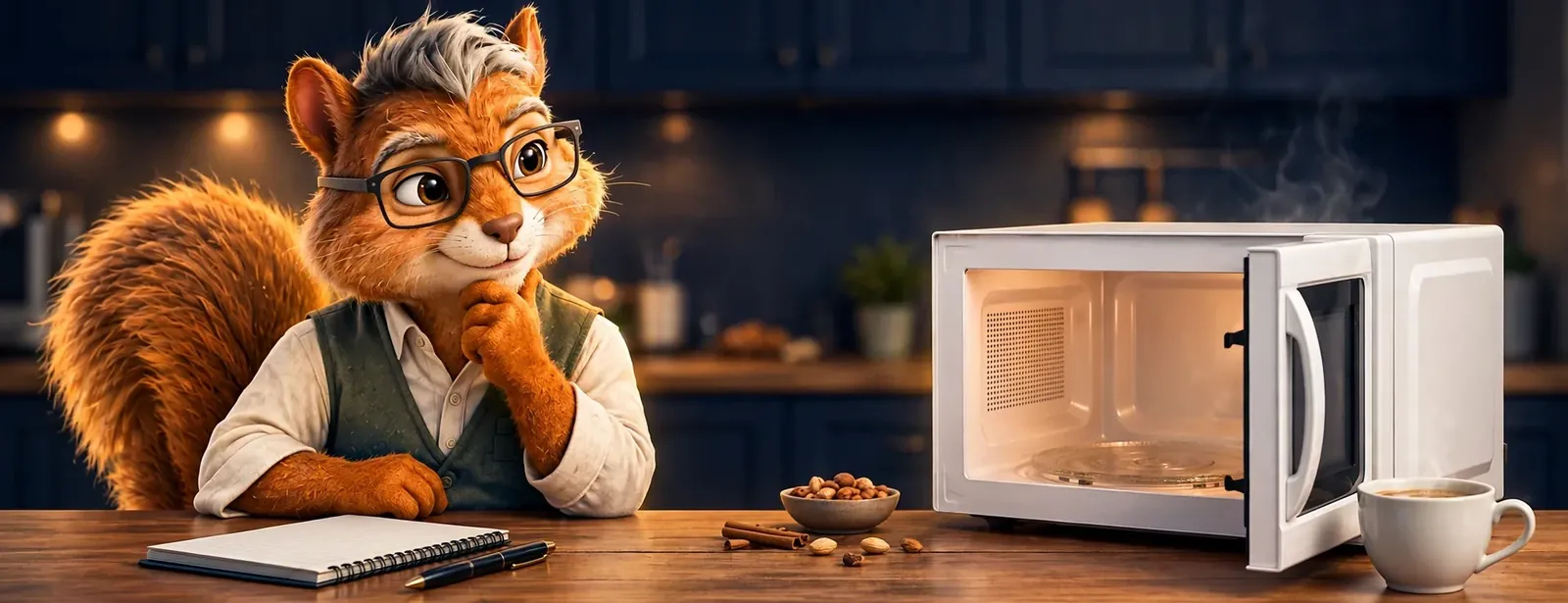 Poupa, o esquilo mascote do Economianet, de óculos e colete, com a mão no queixo, pensando diante de um micro-ondas aberto sobre a bancada da cozinha, ao lado de uma xícara de café e de um bloco de notas.